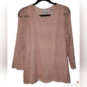 Alfred Dunner Peach Lined Metallic Crochet Knit Sweater Sz Pet Xl Button Accent